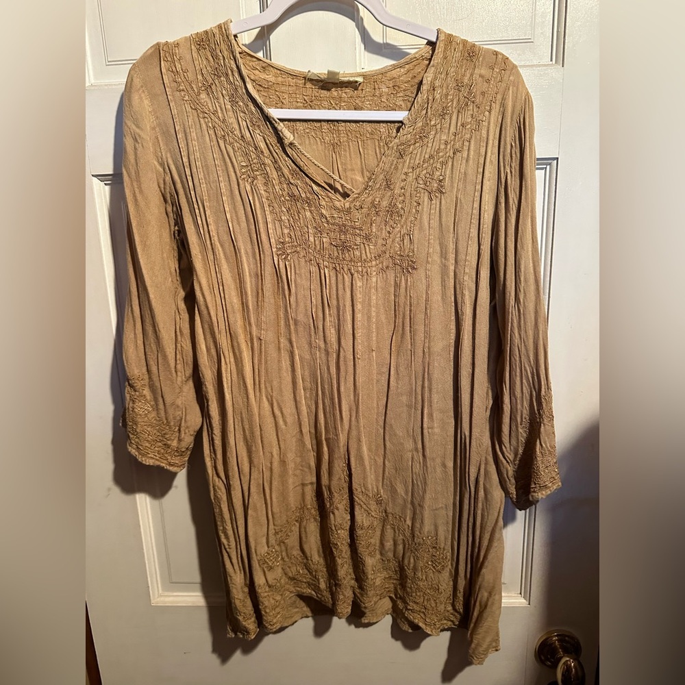 Solitaire Embroidered V-Neck Tunic in Tan